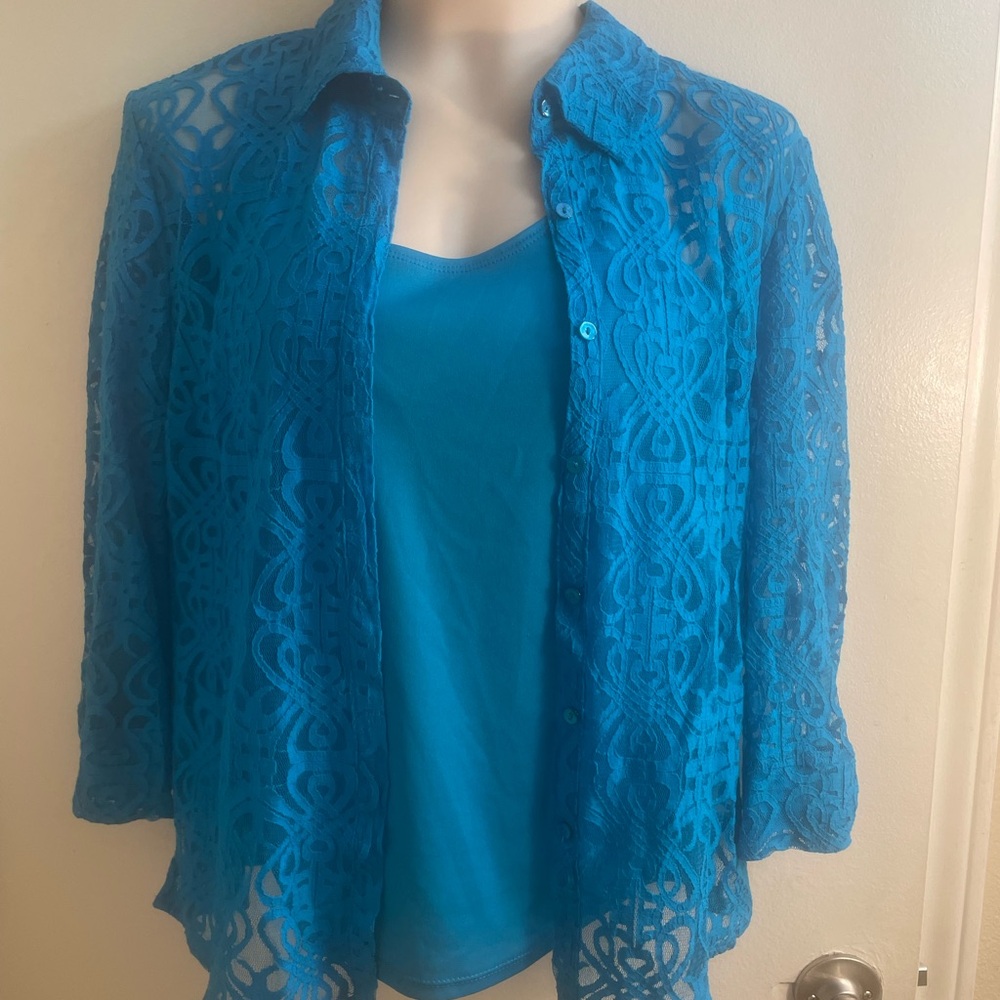 Blue Lace Button-Front Women's Top